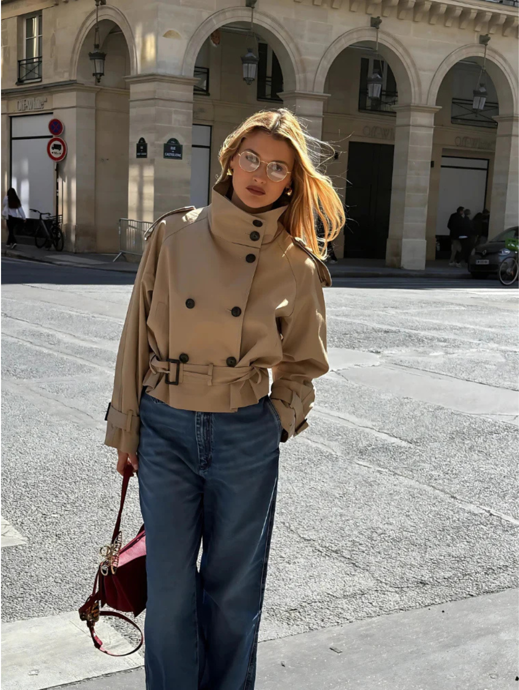 Women's Cropped Trench Coat with Double-Breasted Buttons and Belt - 3