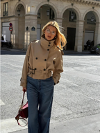 Women's Cropped Trench Coat with Double-Breasted Buttons and Belt - 3