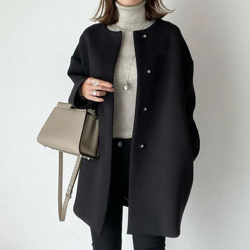 Women's Relaxed Fit Coat with Snap Button Front and Round Neck - 9