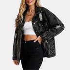 Women's Distressed Oversized Snap Button Denim Jacket - 4