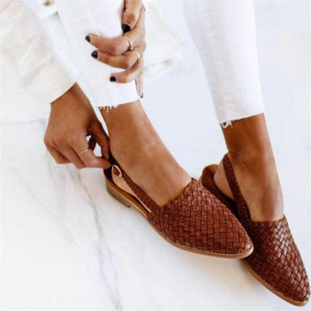 Women's Ballet Flats with Woven Faux Leather Upper and Open Side - Dark Brown