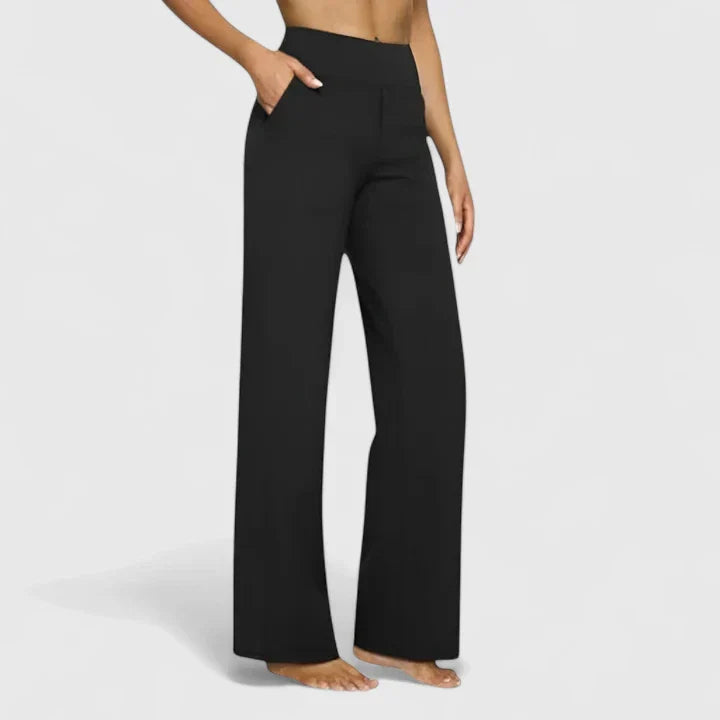 Women's Wide-Leg Trousers with High Waist and Side Pockets - Black