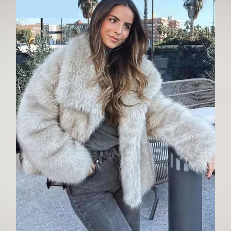 Women's Faux Fur Coat with Wide Collar - 3