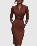 Women's Pencil Midi Dress with Wrap Neckline and Three-Quarter Sleeves - Brick Red
