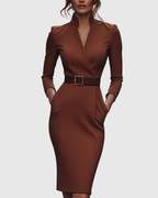 Women's Pencil Midi Dress with Wrap Neckline and Three-Quarter Sleeves - Brick Red