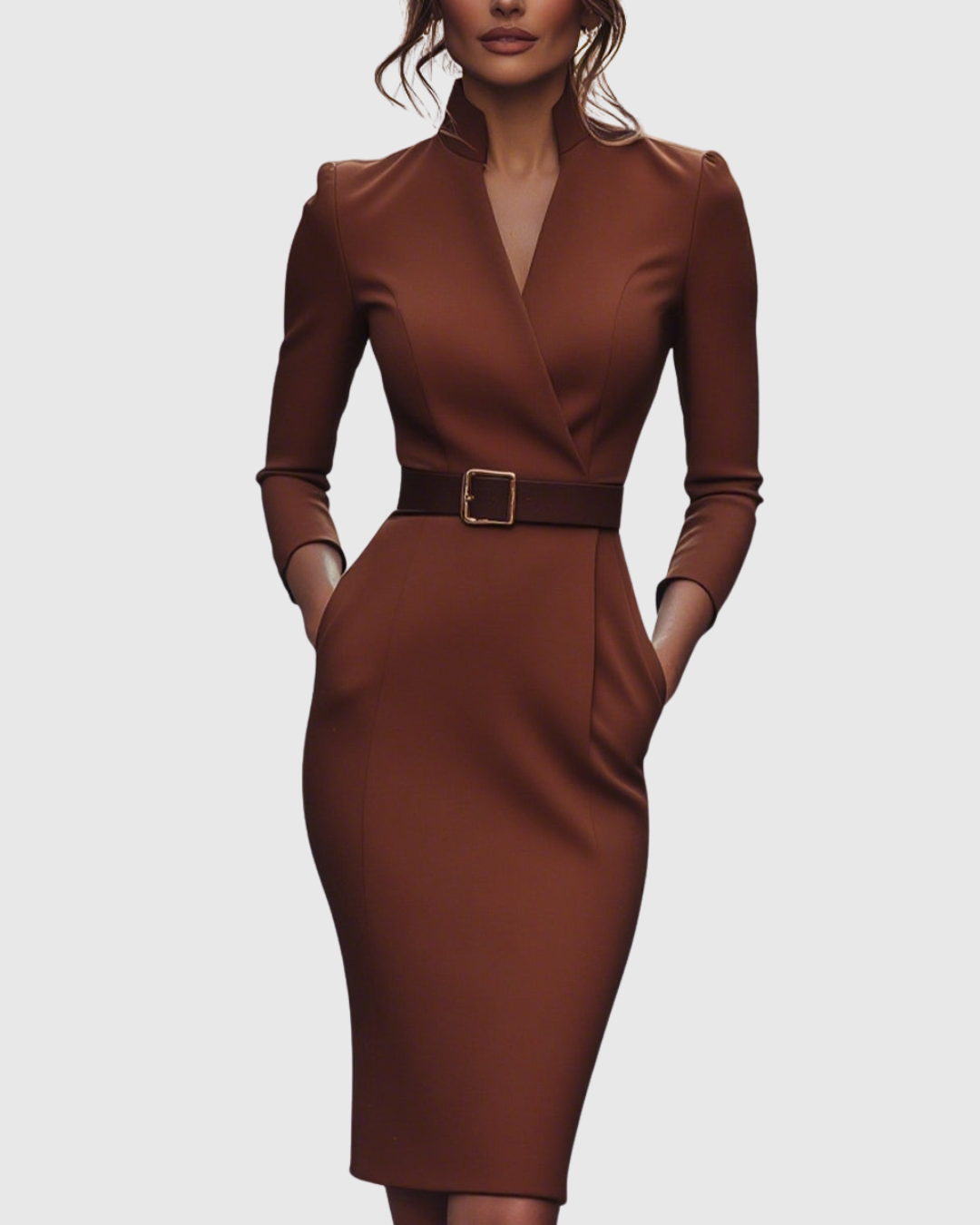 Women's Pencil Midi Dress with Wrap Neckline and Three-Quarter Sleeves - Brick Red