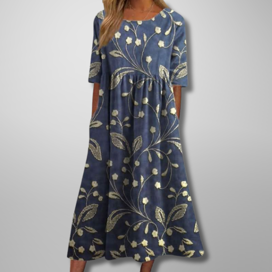 Women's Floral Print Midi Dress with Half Sleeves and Pockets - Navy Blue (Almost sold out)