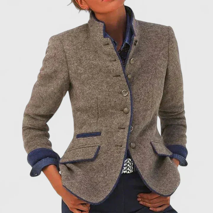 Women's Cardigan with High Collar and Long Sleeves - Caramel