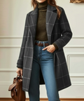 Women's Checked Coat with Lapel Collar and Structured Fit - Grey