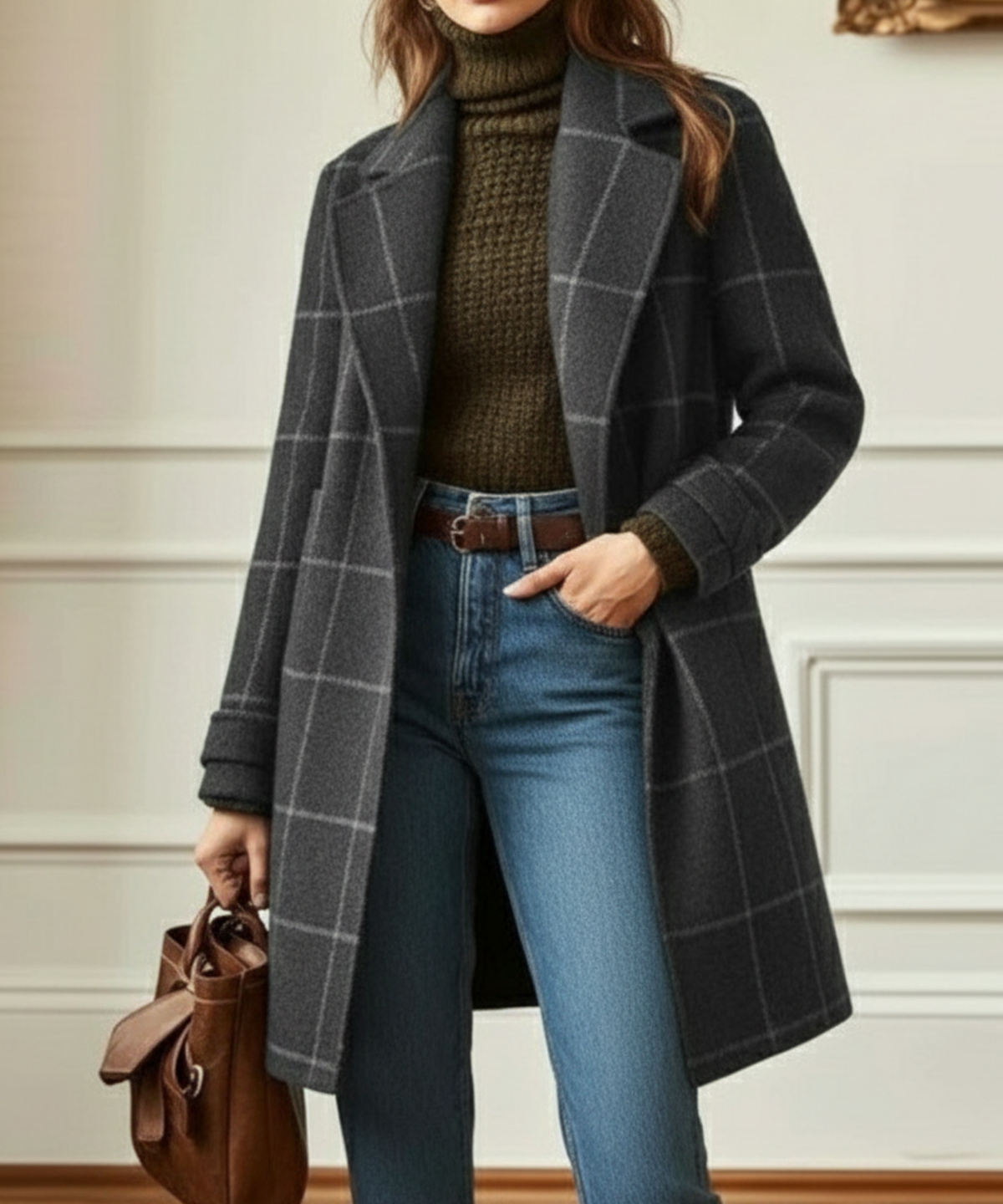 Women's Checked Coat with Lapel Collar and Structured Fit - Grey