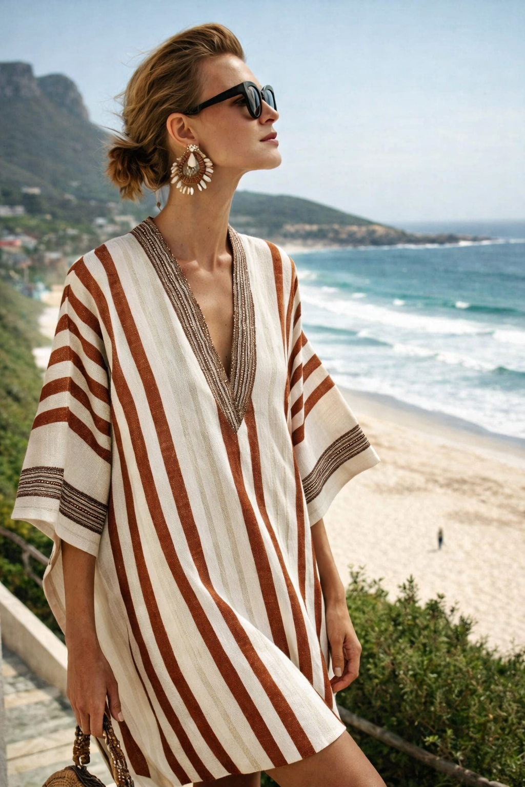 Women's Striped Kaftan Dress with V-Neck and Wide Sleeves - Brown/Orange