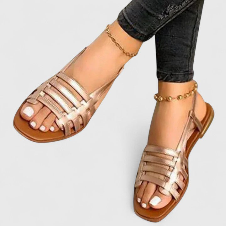Women's Sandals with Slingback Strap and Woven Front Straps - Gold