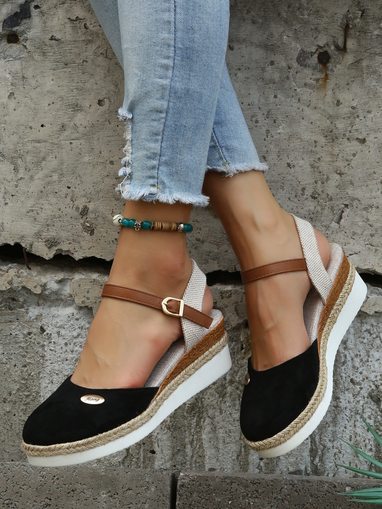 Women's Espadrille Wedge Sandals with Closed Toe and Ankle Strap - Black