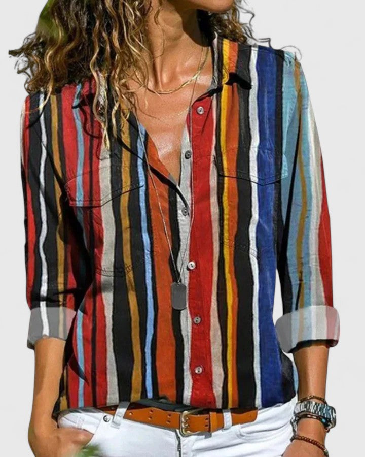 Women's Striped Blouse with Collar and Long Sleeves