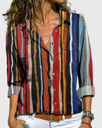 Women's Striped Blouse with Collar and Long Sleeves