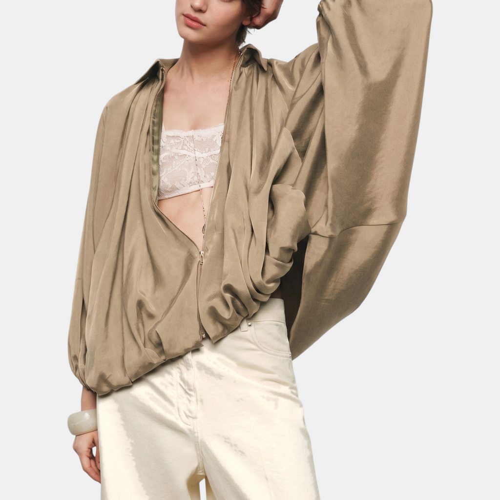 Women's Balloon Sleeve Zip Up Oversized Bomber Jacket - 7