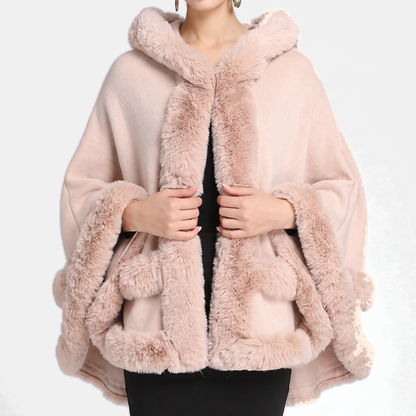 Women's Faux Fur Trim Hooded Knit Cape Coat - 9