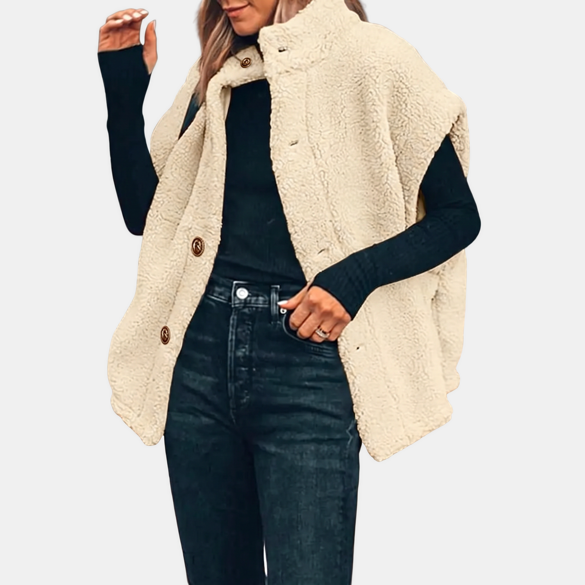 Women's Sherpa Fleece Button Front Gilet Stand Collar