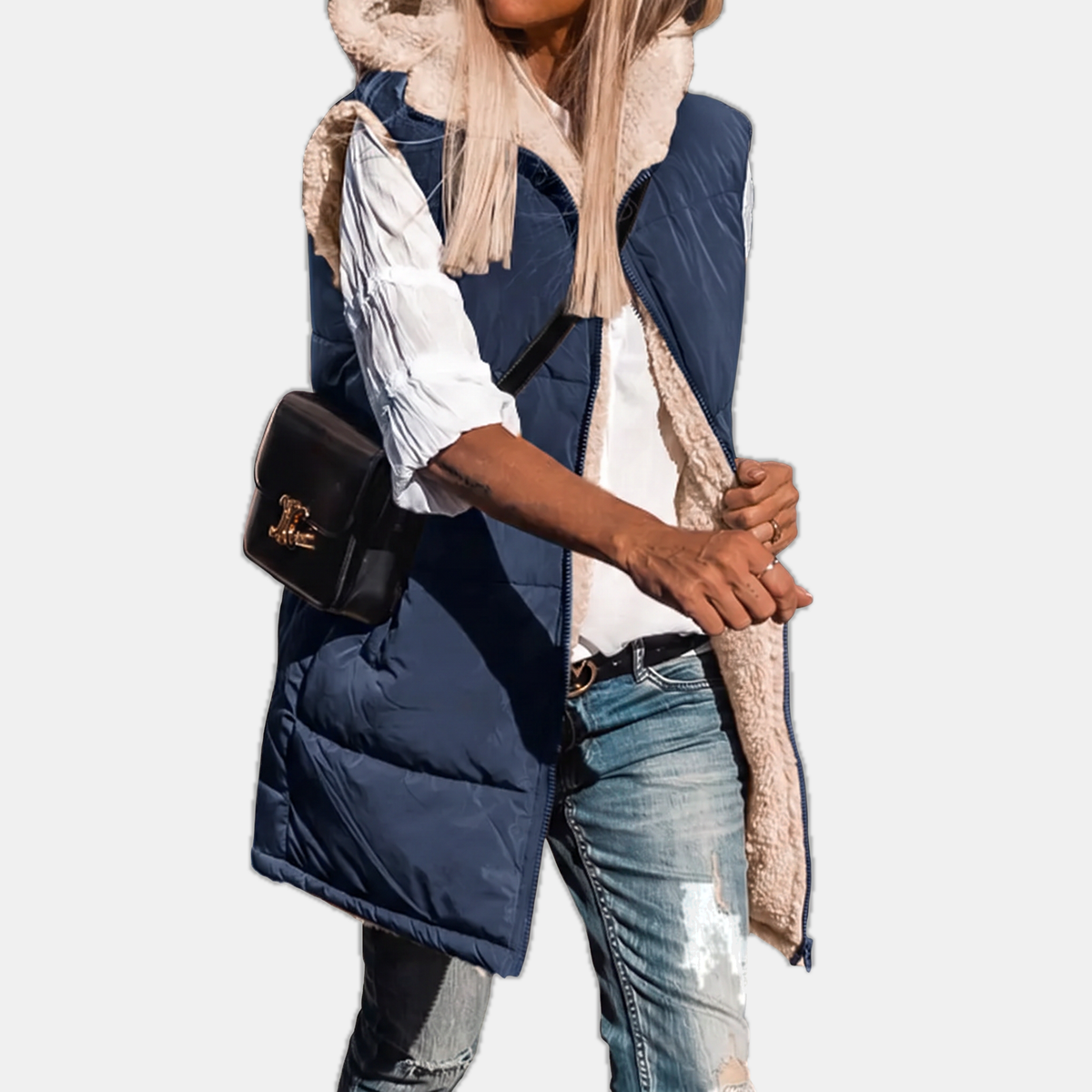 Women's Reversible Puffer Gilet Sherpa Lined Hooded Sleeveless Coat - 8