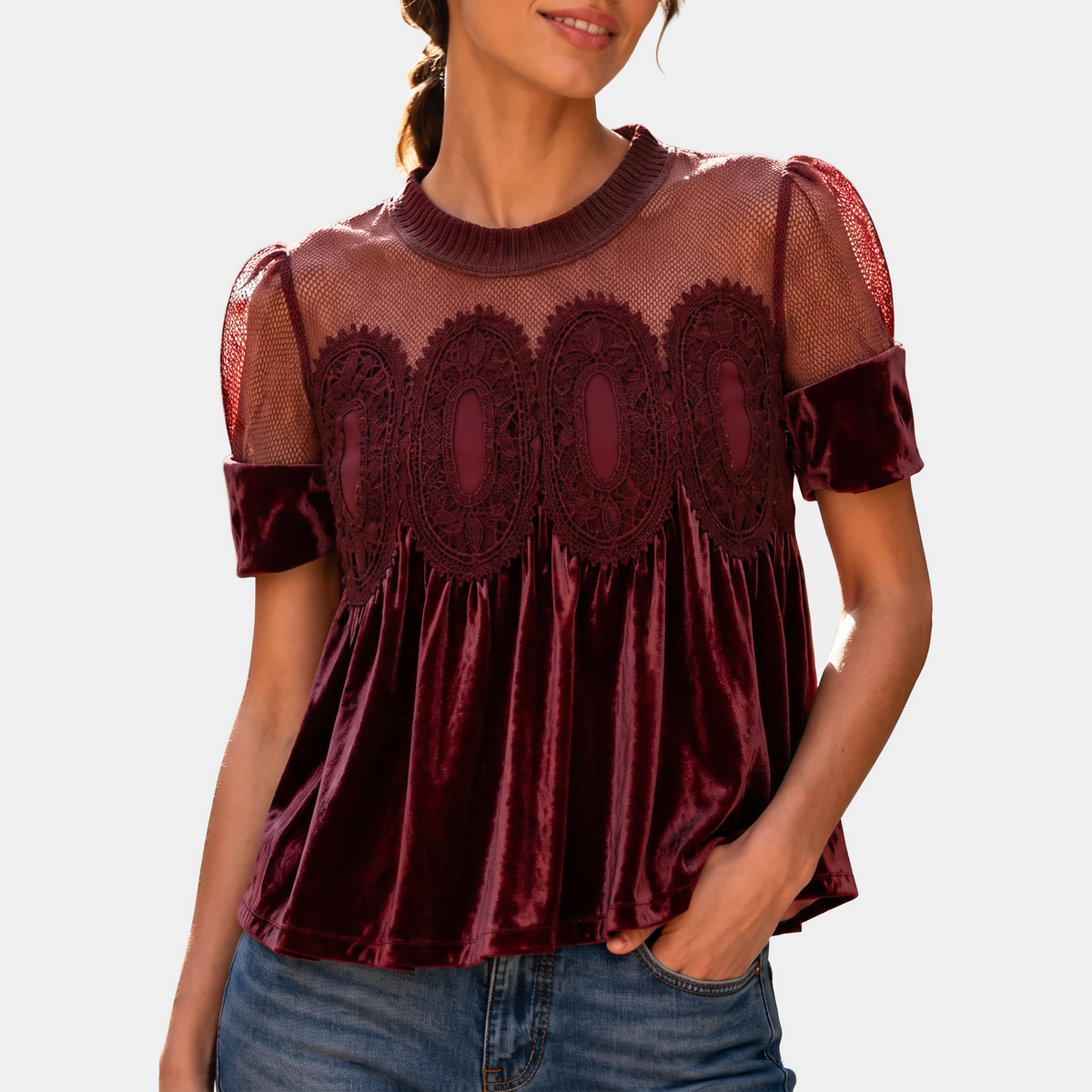 Women's Velvet Lace Appliqué Ruffle Neck Blouse - 7