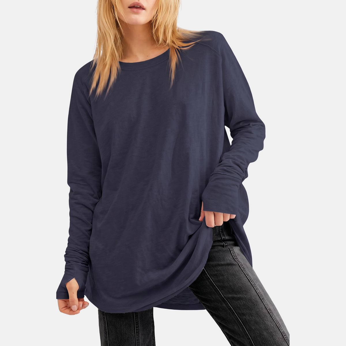 Women's Crewneck Thumb Hole Oversized Tunic Top - 7