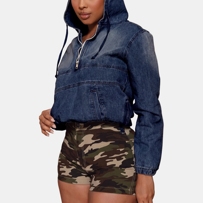 Women's Cropped Zip Up Hoodie Denim Sweatshirt - 5