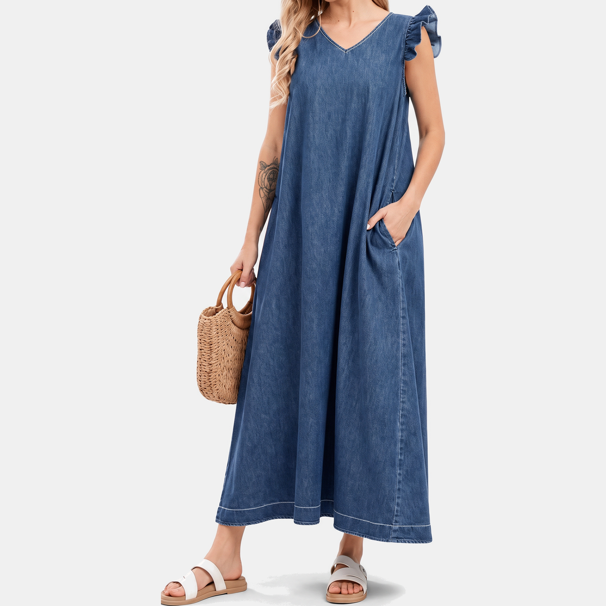Women's Denim Flutter Sleeve V-Neck Maxi Dress