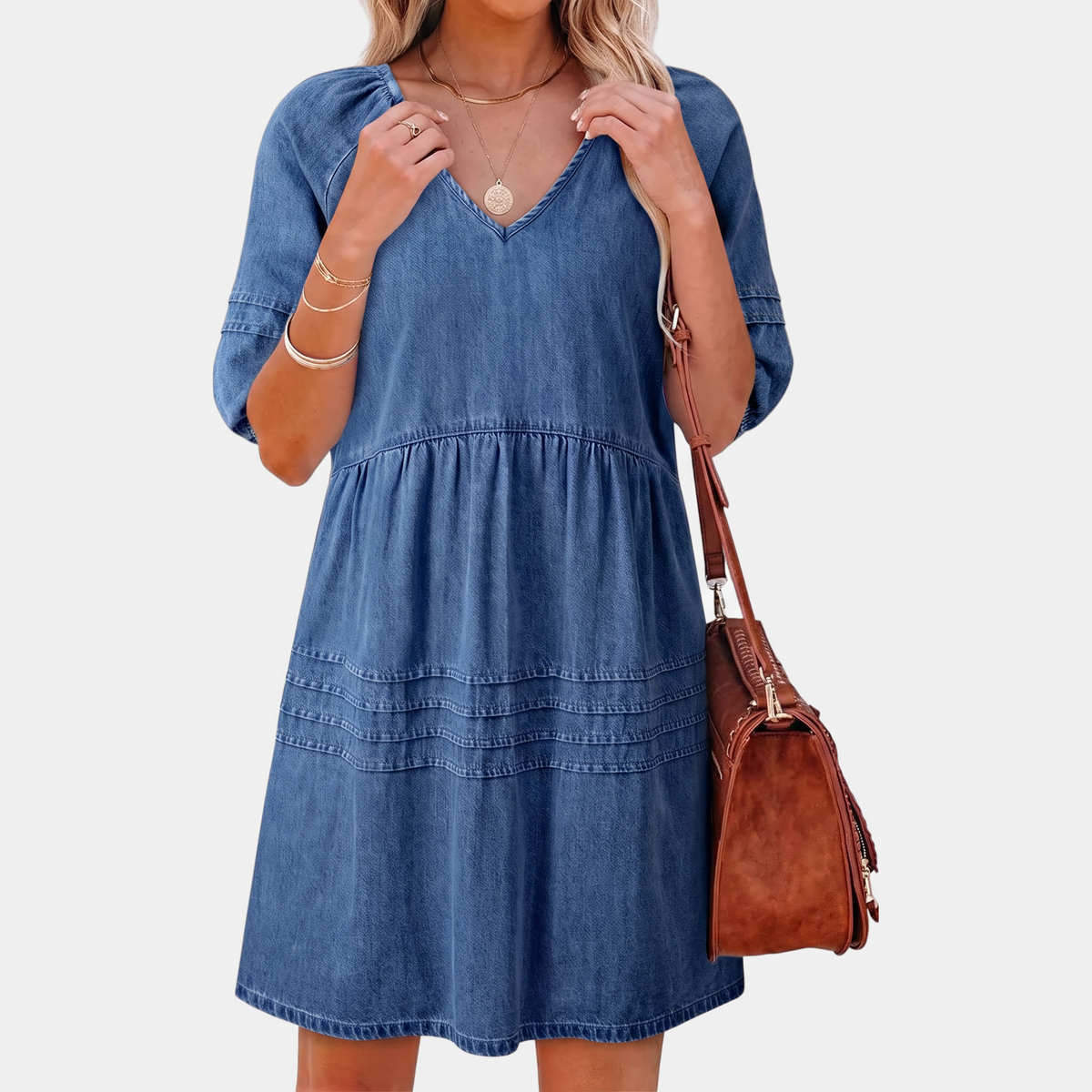 Women's Puff Sleeve Empire Waist V-Neck Mini Dress - 6