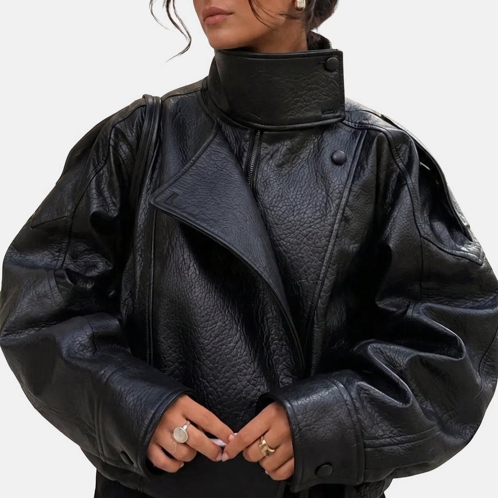 Women's Pebbled Faux Leather Bomber Jacket Oversized Stand Collar - 4