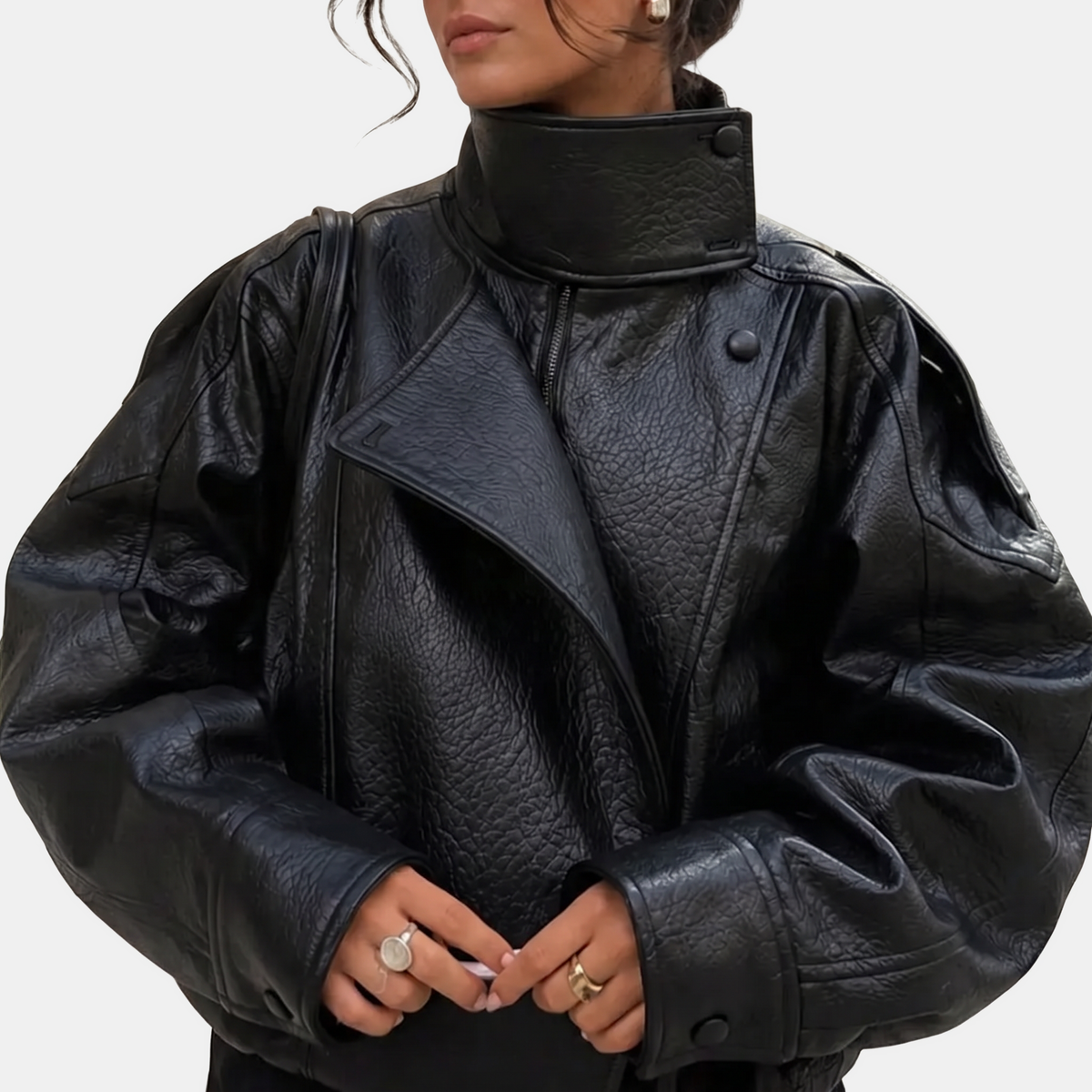 Women's Pebbled Faux Leather Bomber Jacket Oversized Stand Collar - 4
