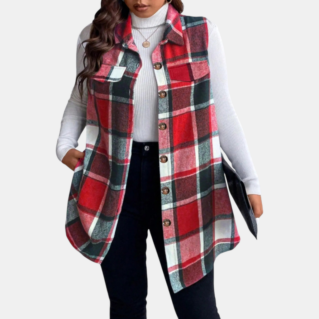 Women's Check Sleeveless Button Front Longline Gilet - 3