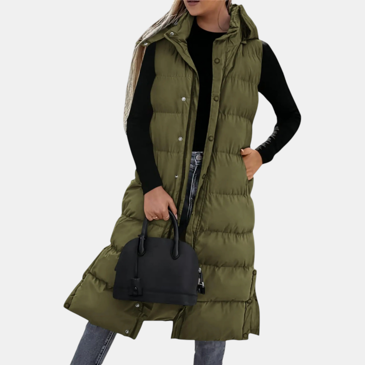 Women's Puffer Gilet Quilted Hooded Maxi Length Button Down
