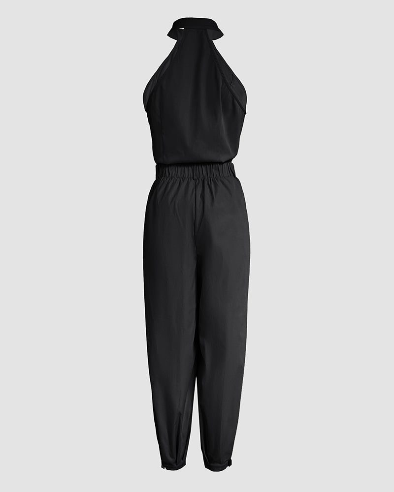 Women's Two-Piece Set Sleeveless High Neck Cargo Top and Cuffed Trousers - 15