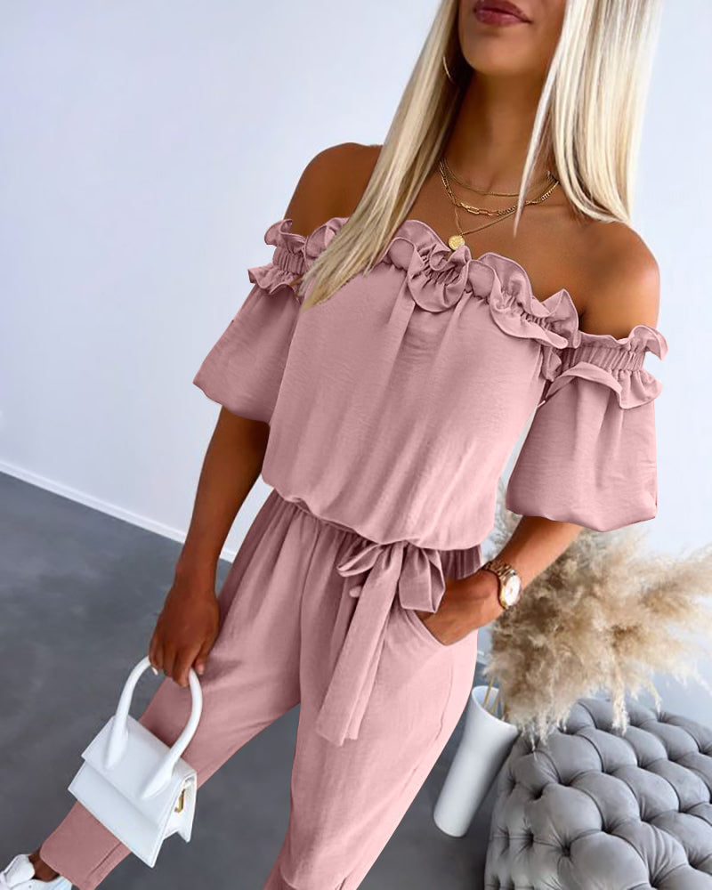 Women's Off-Shoulder Jumpsuit with Frill Trim and Tie Waist - Pink