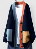 Women's Cardigan Oversized with Colour Block Trim and Patch Pockets - Navy Blue