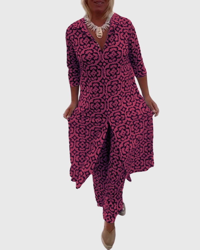 Women's Two-Piece Set Printed Longline Shirt with Wide-Leg Trousers - Pink