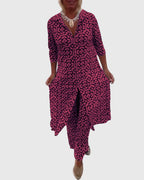 Women's Two-Piece Set Printed Longline Shirt with Wide-Leg Trousers - Pink