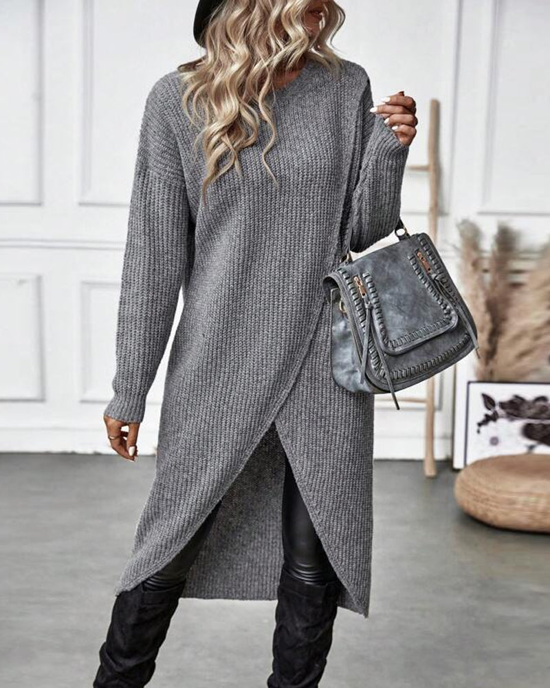 Women's Ribbed Jumper Dress with Side Slit Long Sleeve - 5