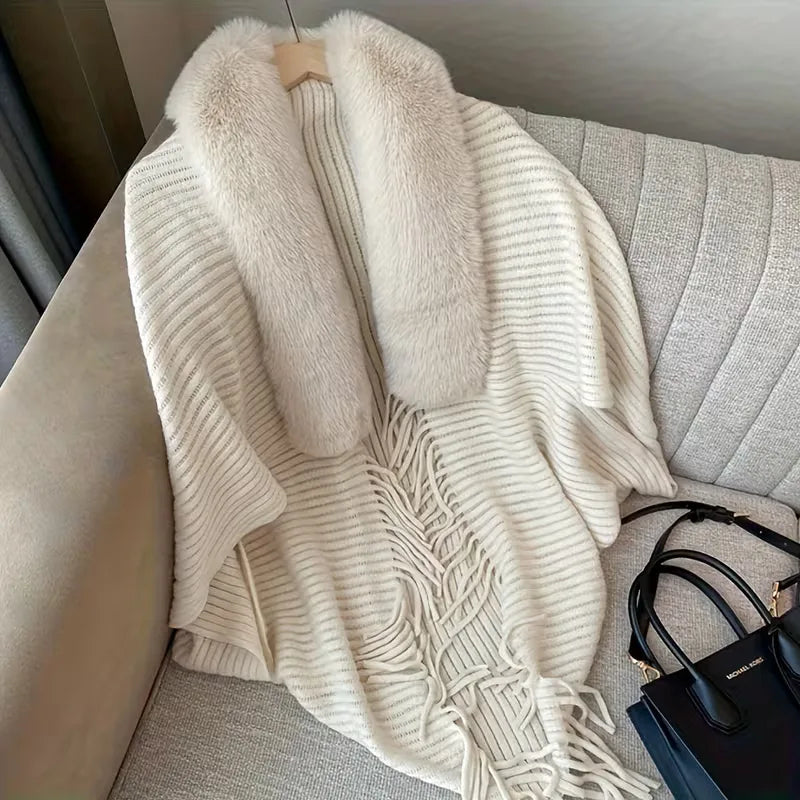 Women's Knitted Scarf with Faux Fur Trim and Fringed Edge - 5