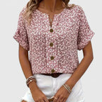 Women's Blouse Short Sleeve with Floral Print and Button-Up Front - Pink
