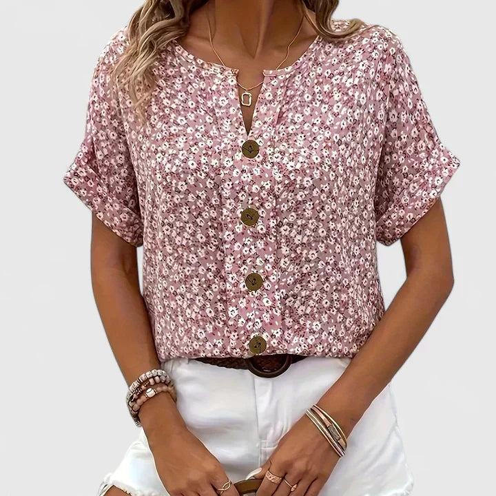 Women's Blouse Short Sleeve with Floral Print and Button-Up Front - Pink