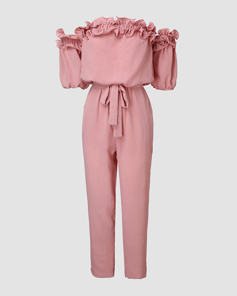 Women's Off-Shoulder Jumpsuit with Frill Trim and Tie Waist - 14