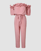 Women's Off-Shoulder Jumpsuit with Frill Trim and Tie Waist - 14