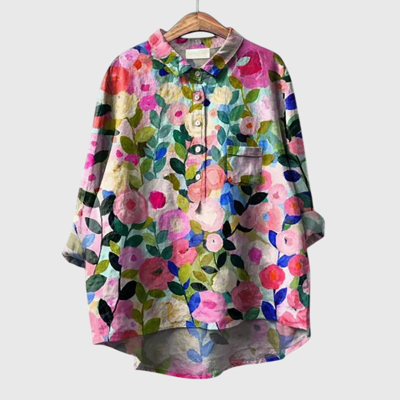 Women's Blouse Long Sleeve with Collar and Chest Pocket - Floral Print 1