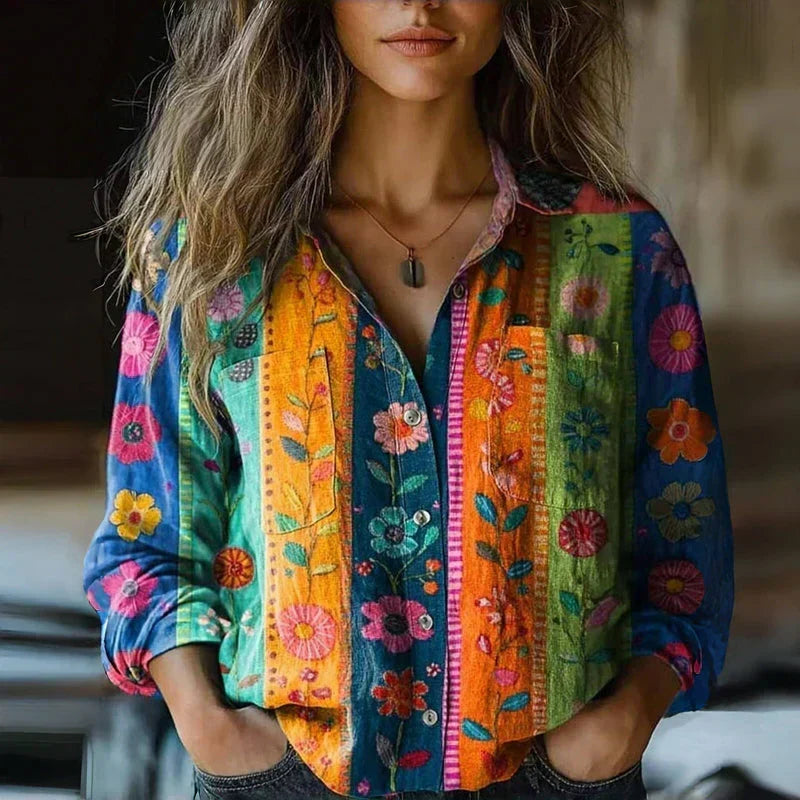 Women's Blouse Long Sleeve with Paisley Print and Collar - Multicolored