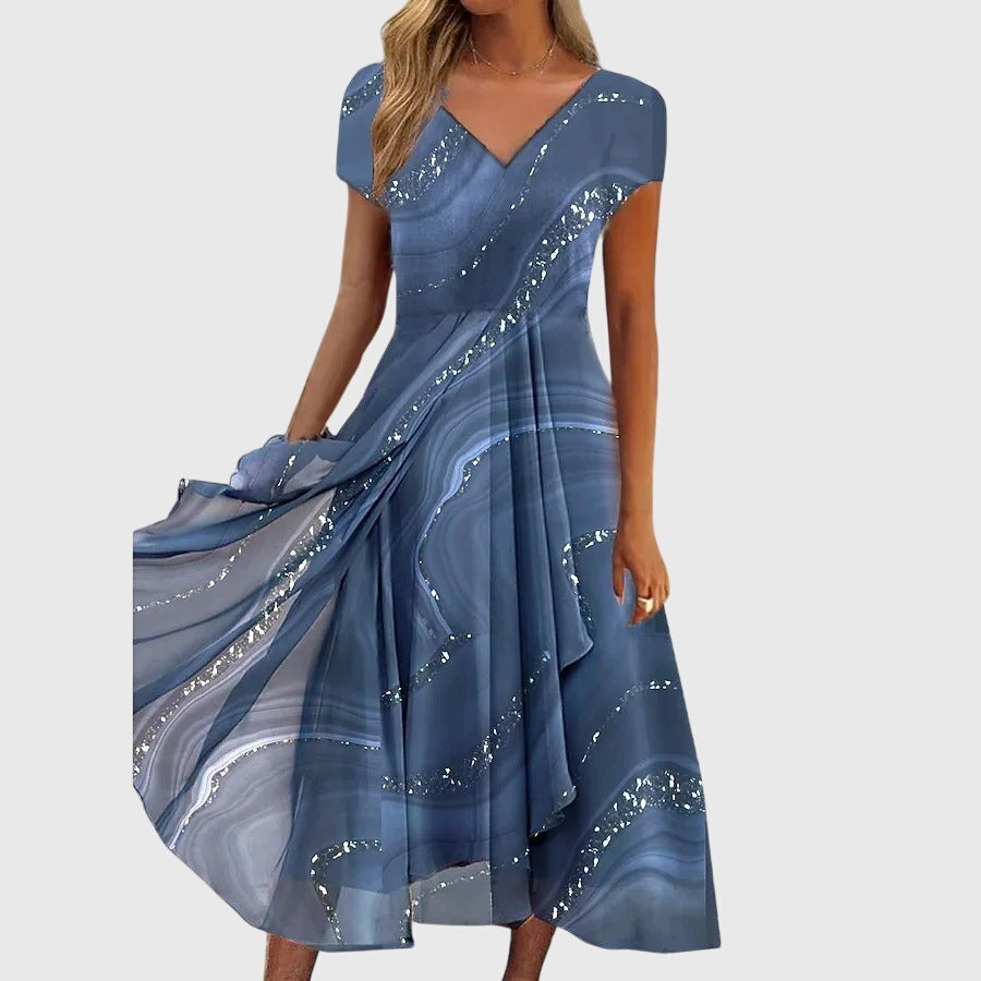 Women's Midi Dress with V-Neck and Flowing Swirl Print Skirt - Blue
