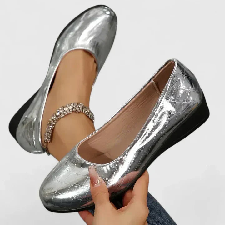 Women's Wedge Shoes with Square Toe and Textured Finish - Silver