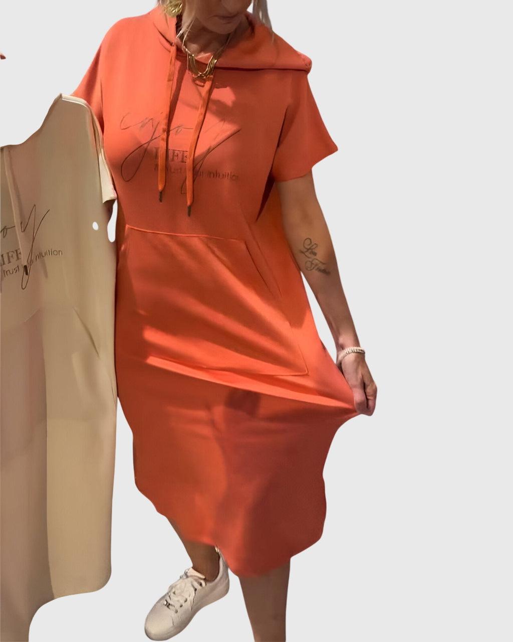 Women's Hooded Dress Short Sleeve with Kangaroo Pocket - 4
