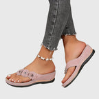 Women's Toe-Post Wedge Sandals with Floral Trim - 8