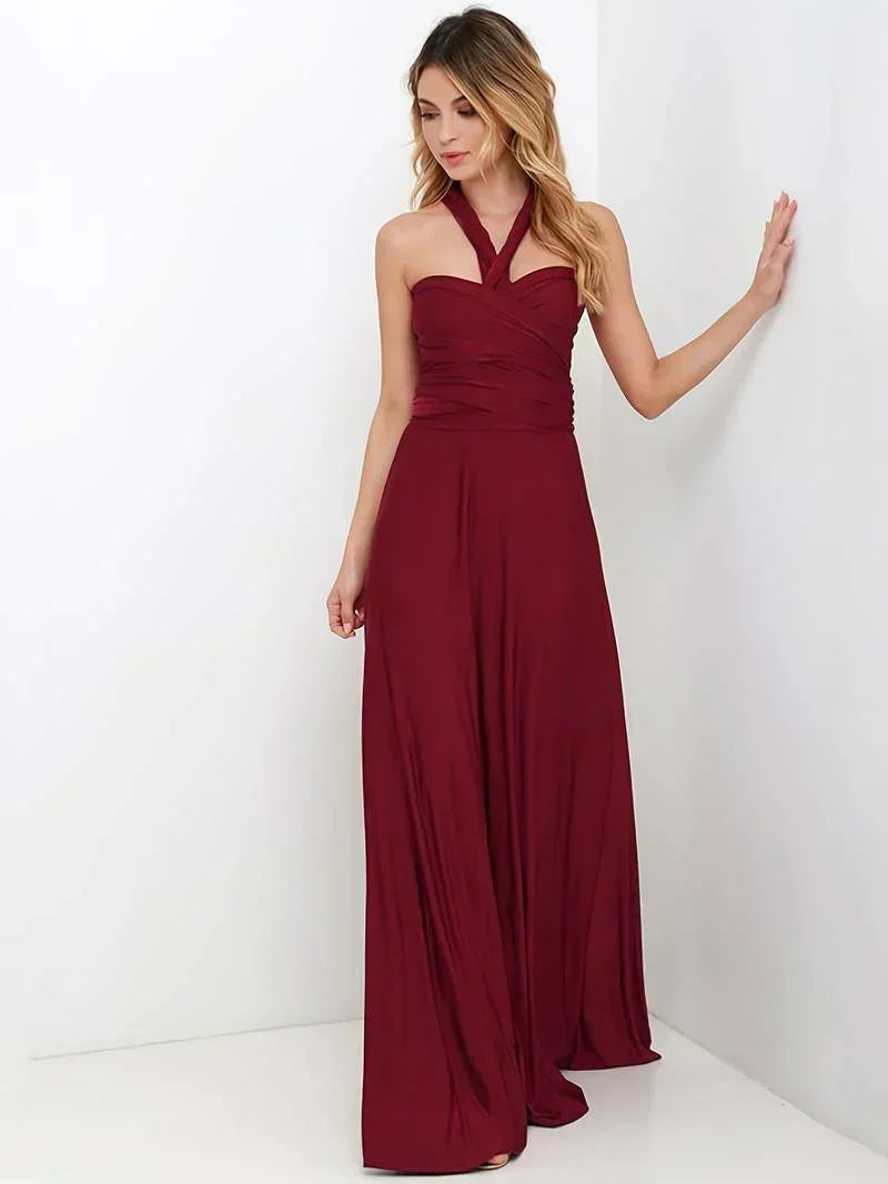 Women's Convertible Maxi Dress Multi-Way Wrap with A-Line Skirt - Burgundy